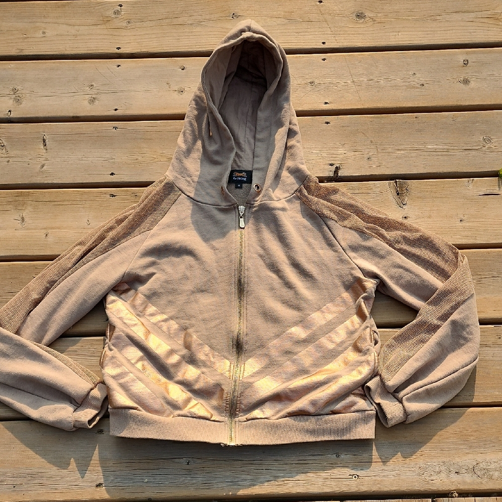 (M) Le Tigre Tan and Rose Gold Zip Up Luxurious Mesh Sleeve Hooded Streetwear